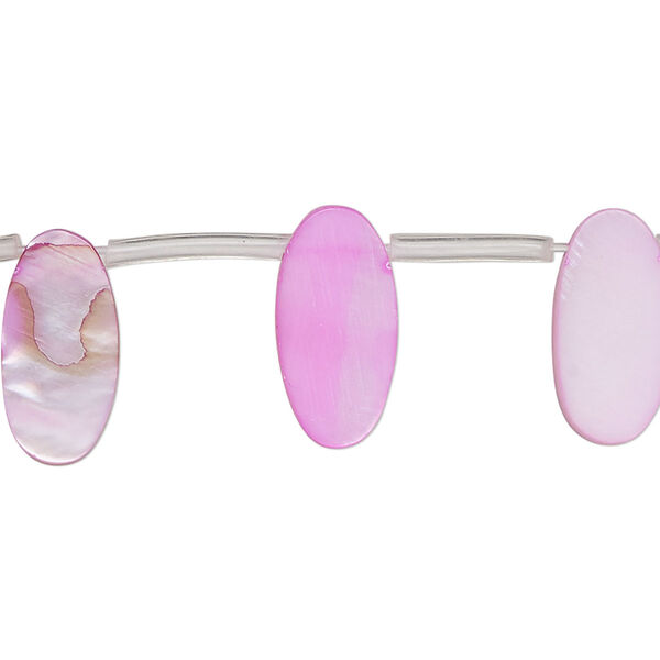 Bead, mother-of-pearl shell (dyed), pink, 15x6mm-16x7mm top-drilled flat oval, Mohs hardness 3-1/2. Sold per 15-inch strand, approximately 25 beads. image number 0