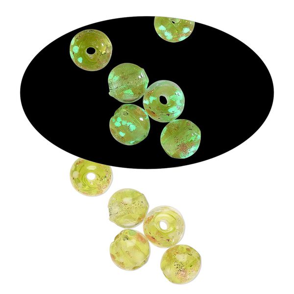 Bead, lampworked glass, clear / peridot green / glow-in-the-dark / gold, 6mm round. Sold per pkg of 6. image number 0