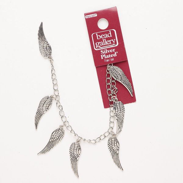 Chain, antique silver-finished steel, 2.1mm curb with (7) 30x9mm wing charms. Sold per pkg of 7 inches. image number 0