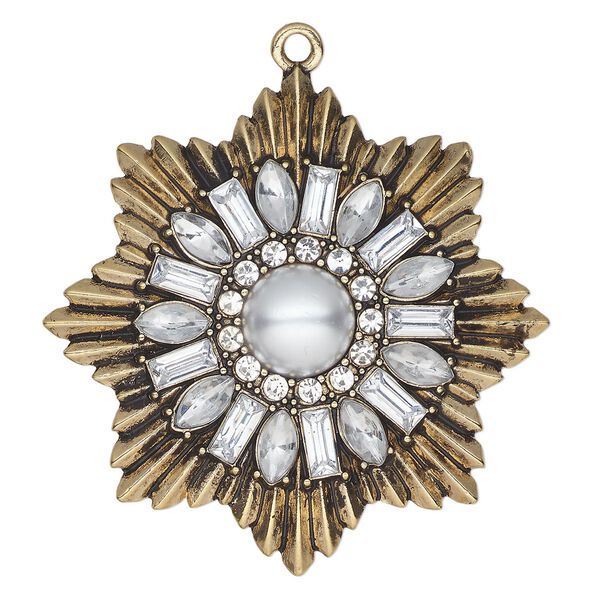 Focal, antique gold-finished "pewter" (zinc-based alloy) and glass, clear / white,  2-1/4x2-1/4-inch single-sided star with glass pearl and glass chatons. Sold individually. image number 0