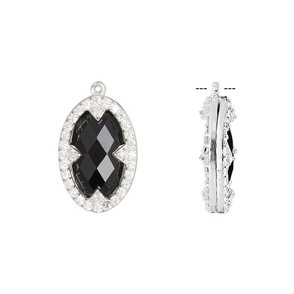 Drop, black onyx (dyed) / cubic zirconia / sterling silver, clear, 18x12mm double-sided faceted oval. Sold individually. image number 0