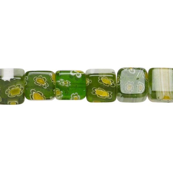 Bead, millefiori glass, green, yellow and white, 7-9mm cube with flower and stripe design. Sold per 14-inch strand. image number 0