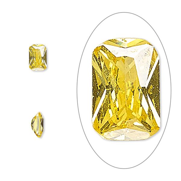 Gem, cubic zirconia, topaz gold, 6x4mm faceted emerald-cut, Mohs hardness 8-1/2. Sold per pkg of 2. image number 0