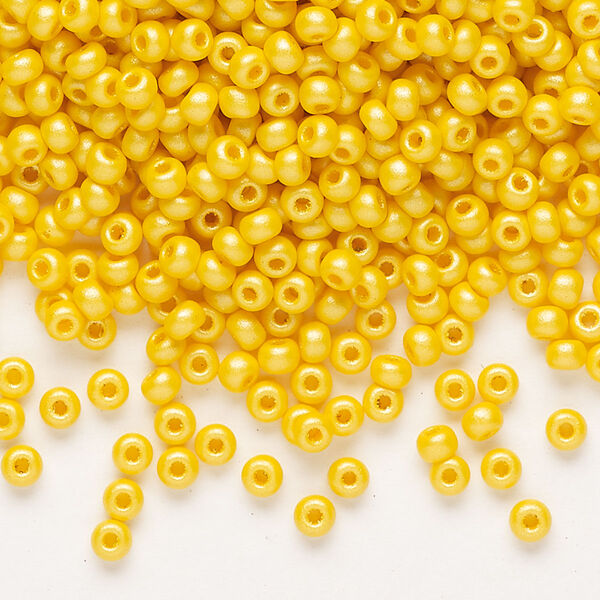 Seed bead, Preciosa Ornela Czech glass, pkg/50g, #8 rocaille, opaque PermaLux dyed dark yellow chalkwhite, (22002). image number 0