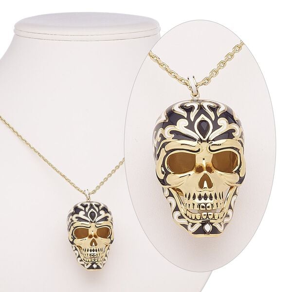 Necklace, Avant-Garde Jewelry Collection, enamel / glass rhinestone / gold-plated brass, white and black, 45x29mm skull with hinged jaw, 24 inches with 2-inch extender chain and lobster claw clasp. Sold individually. image number 0