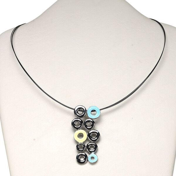 Necklace, 2-strand, gunmetal-finished "pewter" (zinc-based alloy) and steel, blue/yellow/black, 65x30mm multi-donut dangle, 16 inches with lobster claw clasp with 3-inch extender chain. Sold individually. image number 0