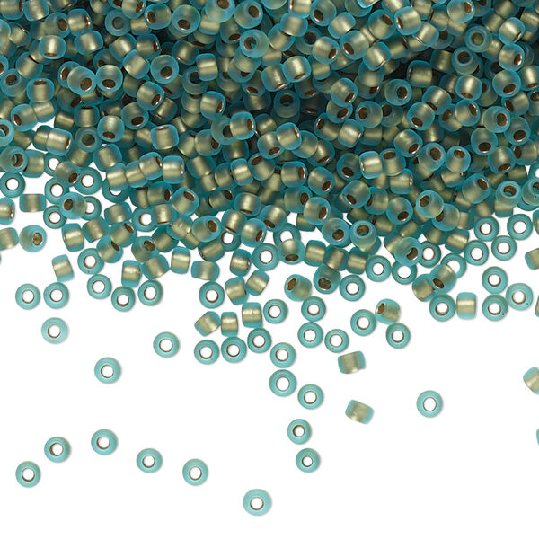Seed bead, TOHO BEADS®, glass, pkg/7.5g, #11 round, translucent gold-lined frosted aqua (TR-11-995F). image number 0
