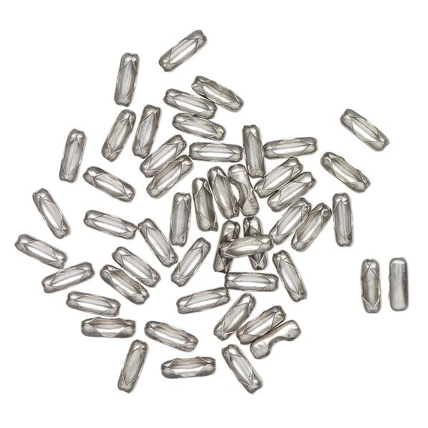 Ball chain connector, silver-finished stainless steel, 6x2mm, fits 1.5mm ball chain. Sold per pkg of 50. image number 0