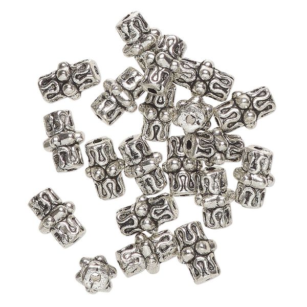 Bead, "pewter" (zinc-based alloy), pkg/20, 10x6mm-10x7mm textured round tube, antique silver finish. image number 0