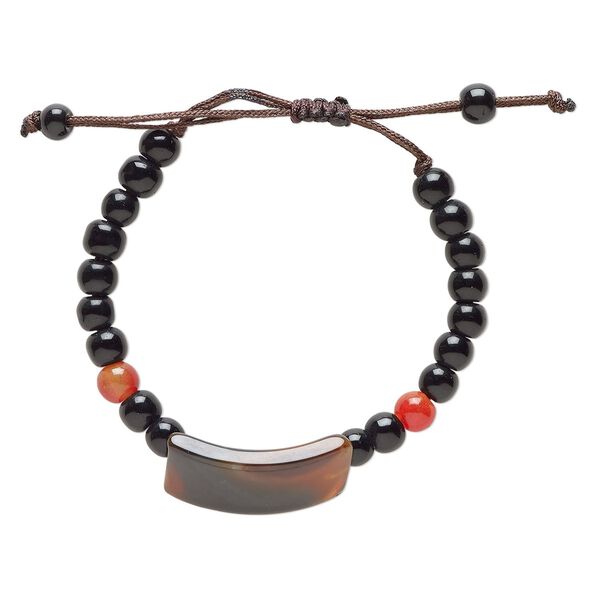 Red agate / glass / waxed cotton 1pkg1, curved rectangle bracelet adjustable 5-7.5 inch 14mm image number 0