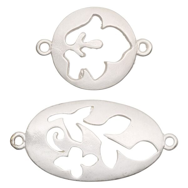 Focal and link, silver-finished "pewter" (zinc-based alloy), 20mm matte round with cutout leaf design and 33x20mm matte oval with cutout leaf and flower design. Sold per pkg of 7. image number 0