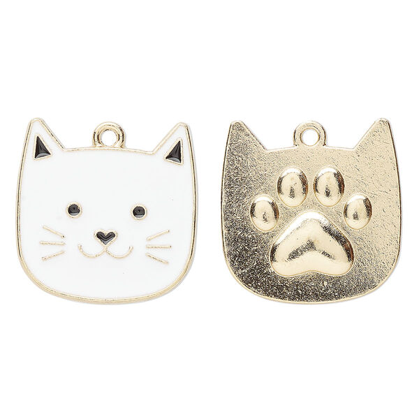 Charm, gold-finished "pewter" (zinc-based alloy) and enamel, white and black, 22.5x22mm two-sided cat face. Sold per pkg of 2. image number 0