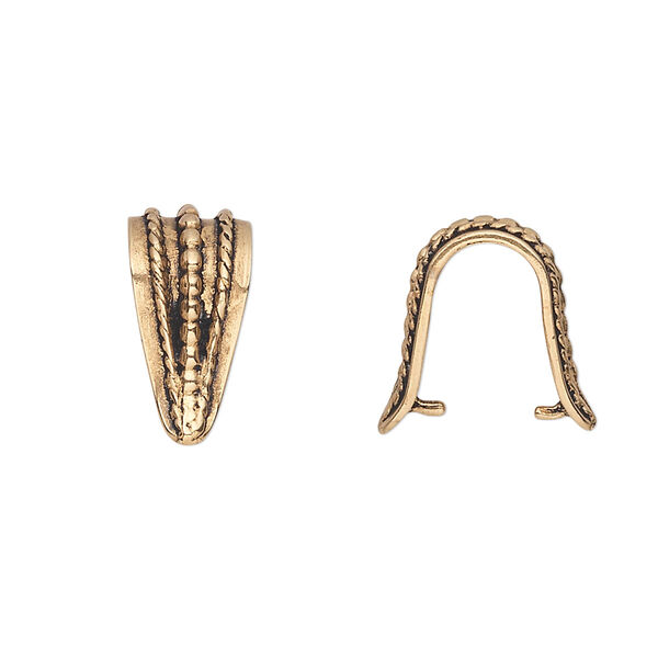 Bail, ice-pick, antiqued brass, 16x8mm beaded shield with dots and braids design, 12mm grip length. Sold individually. image number 0