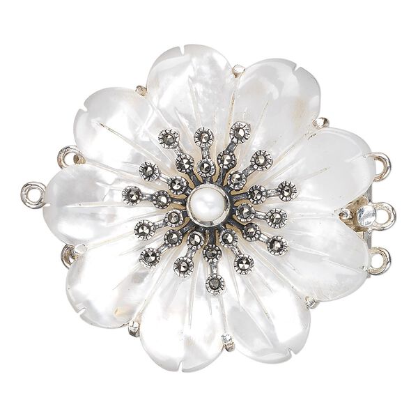 Clasp, 3-strand tab, Signity® marcasite / mother-of-pearl shell (natural) / antiqued sterling silver, 34x34mm carved flower. Sold individually. image number 0