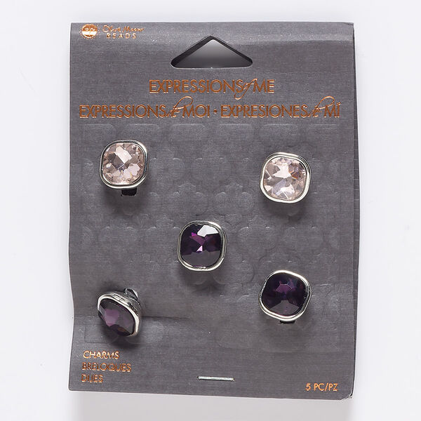 Slide mix, glass and silver-finished "pewter" (zinc-based alloy), pink and purple, 12x9mm rounded square and faceted square, 6.5mm hole. Sold per pkg of 5. image number 0