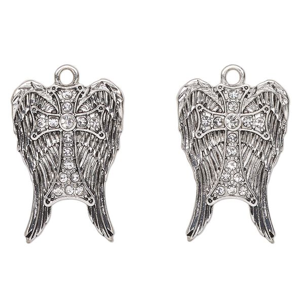 Drop, antique silver-finished "pewter" (zinc-based alloy), 27x18mm angel wings with cross. Sold per pkg of 2. image number 0