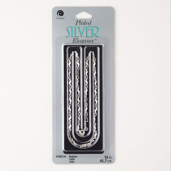 Necklace, brass, pkg/18 inches, silver plate, 2.8mm wave with springring clasp. image number 0