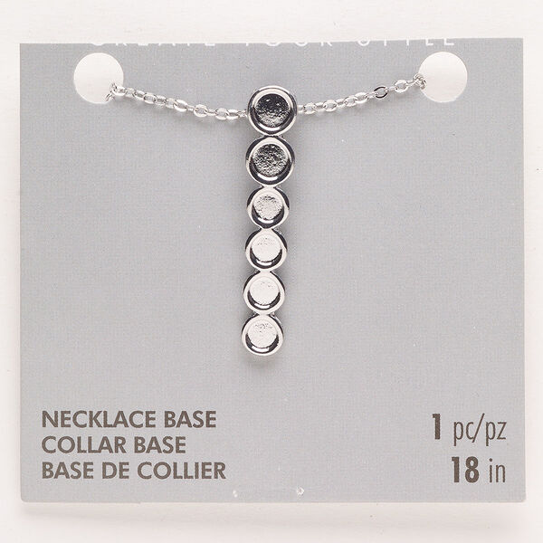 Necklace, "pewter" (zinc-based alloy), pkg/18 inches with lobster claw clasp, silver finish, 37x7mm pendant with (4) 4mm and (2) 5mm round settings. image number 0