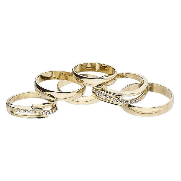 Ring mix, glass rhinestone and gold-finished brass, clear, 4mm and 6mm wide, size 5 to 12-1/2. Sold per pkg of 6. image number 0