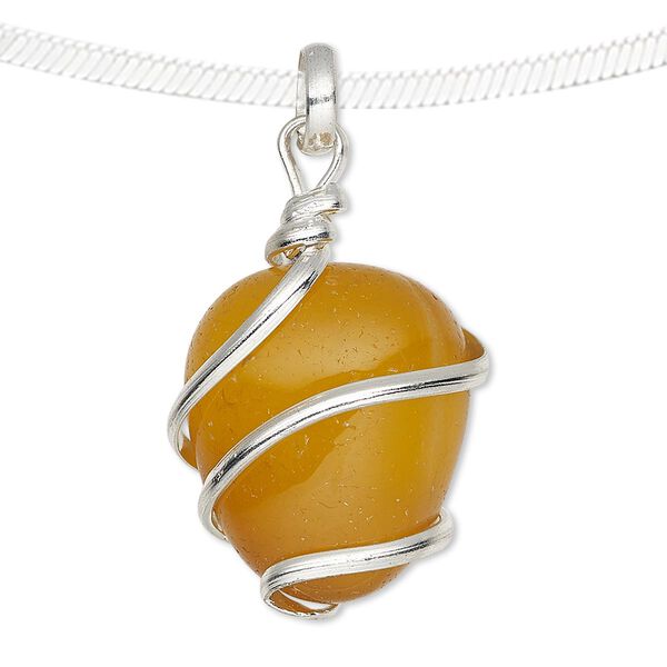 Pendant, agate (dyed) and silver-plated copper, yellow, medium to large hand-cut wire-wrapped tumbled nugget. Sold individually. image number 0