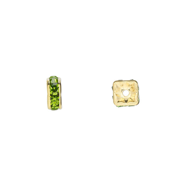 Bead, glass rhinestone and gold-finished brass, peridot green, 6x3mm squaredelle. Sold per pkg of 10. image number 0