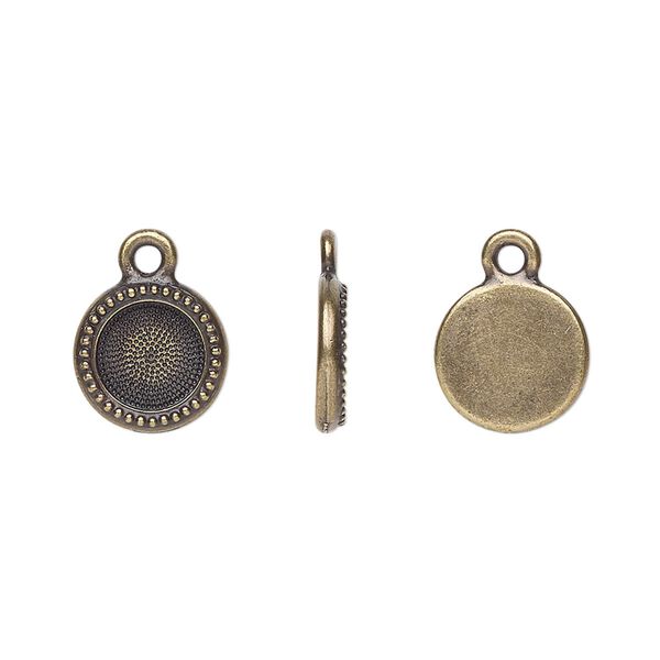 Drop, TierraCast®, Almost Instant Jewelry®, antique brass-plated pewter (tin-based alloy), 10mm round with beaded edge and SS34 round glue-in setting (2088). Sold per pkg of 20. image number 0