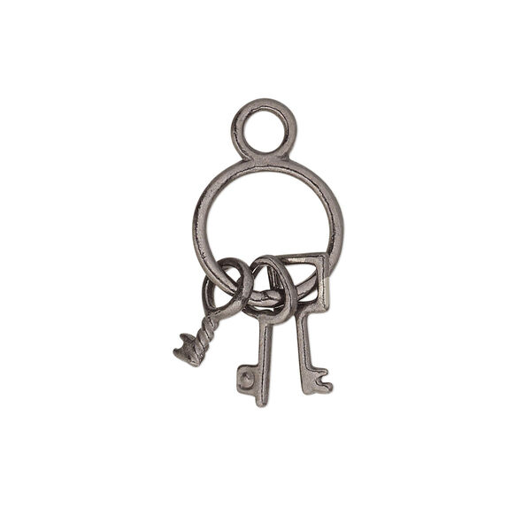 Charm, gunmetal-plated "pewter" (zinc-based alloy), 21x12mm double-sided key ring with (3) keys. Sold per pkg of 10. image number 0