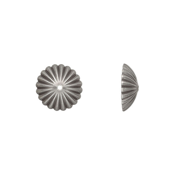 Bead cap, antique silver-plated brass, 12x4mm ribbed round, fits 12-14mm bead. Sold per pkg of 50. image number 0