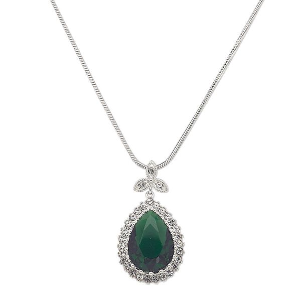 Necklace, Austrian crystal / glass / silver-plated brass, emerald green and clear, 36x20mm teardrop, 18 inches with 2-inch extender chain and lobster claw clasp. Sold individually. image number 0