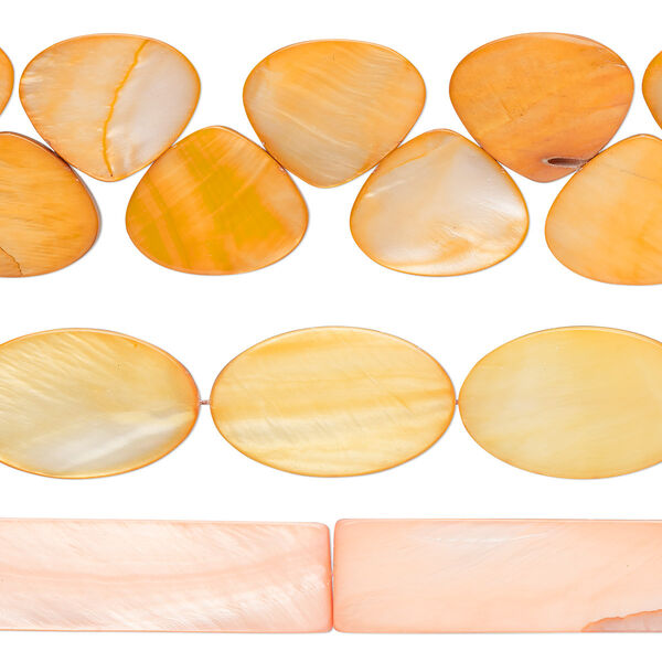 Bead mix, mother-of-pearl shell (dyed), orange, 20x12mm-32x25mm top- and center-drilled mixed shapes with 0.6-0.8mm hole, Mohs hardness 3-1/2. Sold per pkg of (3) 15-inch strands. image number 0