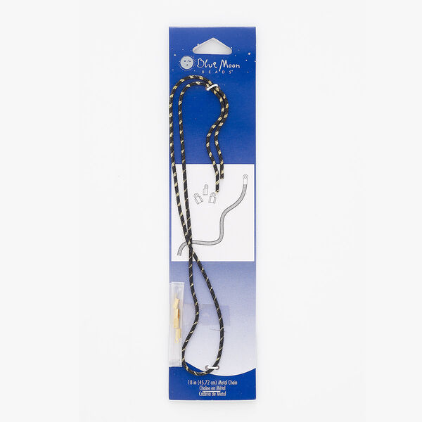 Chain mix, gold- and black-finished "pewter" (zinc-based alloy), 2mm snake with 8mm fold-over cord end and stripe design. Sold per 18-inch set. image number 0