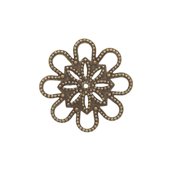 Component, antique gold-plated brass, 22mm single-sided round fancy flower with cutout design. Sold per pkg of 10. image number 0