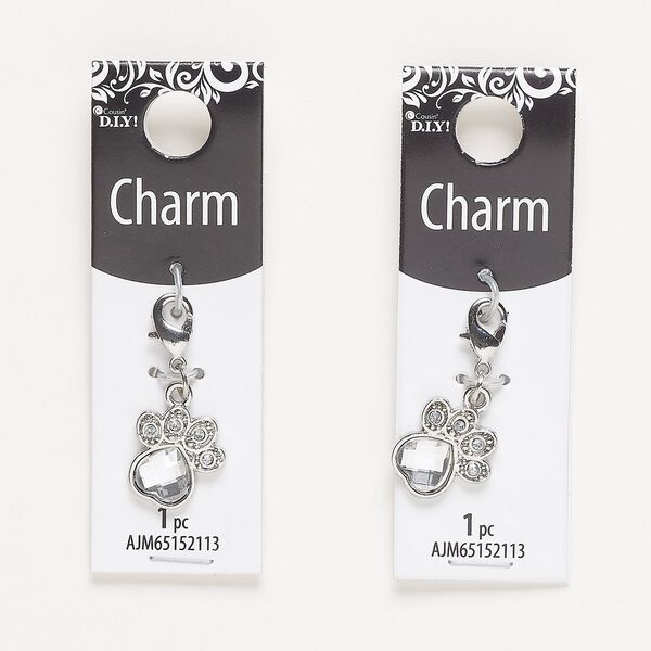 Charm, silver-finished "pewter" (zinc-based alloy) / steel / acrylic, clear, 16x14.5mm single-sided paw print with lobster claw clasp. Sold per pkg of 2. image number 0