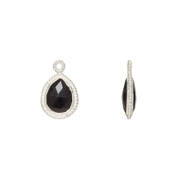 Drop, black onyx (dyed) and sterling silver, 11x9mm-12x10mm hand-cut double-sided faceted puffed teardrop with rope edge design, B grade, Mohs hardness 6-1/2 to 7. Sold individually. image number 0