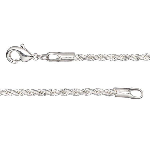 Chain, silver-plated brass, 2.1mm rope, 36 inches with lobster claw clasp. Sold individually. image number 0