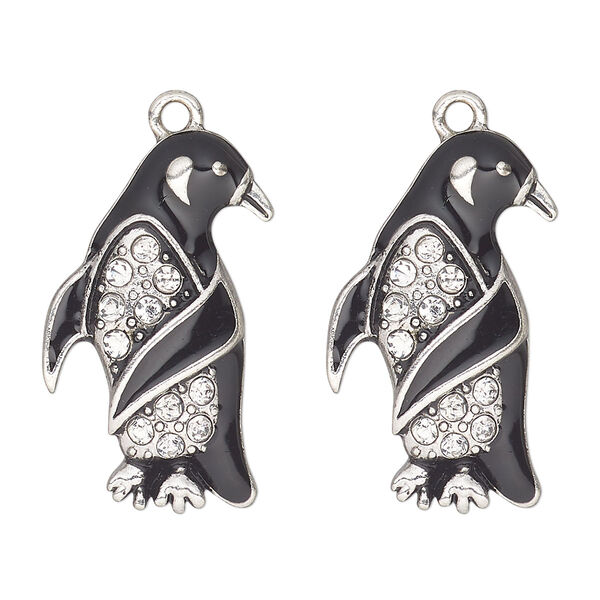 Charm, antique silver-finished "pewter" (zinc-based alloy), enamel and glass, black and clear, 28x17mm single-sided penguin. Sold per pkg of 2. image number 0