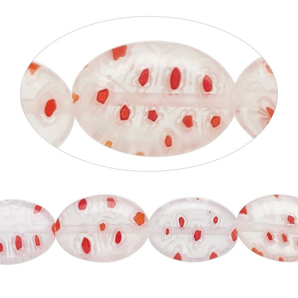 Bead, millefiori glass, transparent clear / red / white, 14x10mm puffed oval with flower design. Sold per 14-inch strand. image number 0