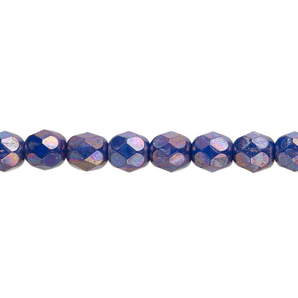 Bead, Czech fire-polished glass, opaque dark blue nebula, 6mm faceted round. Sold per 15-1/2" to 16" strand. image number 0