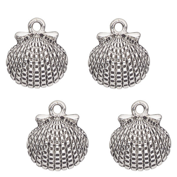 Charm, antique silver-finished "pewter" (zinc-based alloy) , 15x14mm single-sided clam shell. Sold per pkg of 4. image number 0