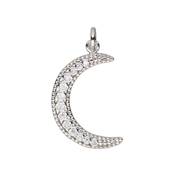 Charm, cubic zirconia and silver-finished brass, clear, 20x14mm single-sided moon with 5mm open jump ring. Sold individually. image number 0