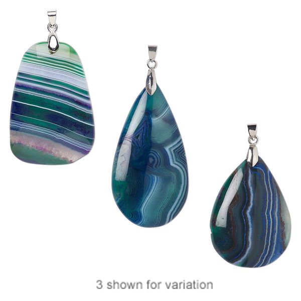 Agate / brass 1pkg1, imitation rhodium-plated hand-cut teardrop freeform pendant 50x30mm-65x35mm image number 0