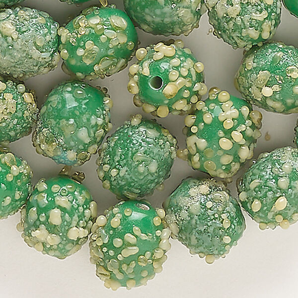 Bead, lampworked glass, opaque green and tan, 11x9mm textured oval. Sold per pkg of 30. image number 0