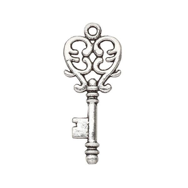 Focal, antique silver-plated "pewter" (zinc-based alloy), 30x13.5mm double-sided key with filigree heart design. Sold per pkg of 12. image number 0