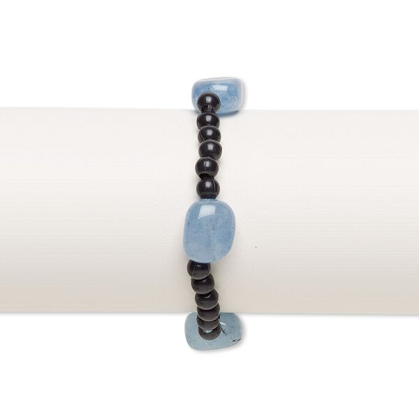 Bracelet, stretch, quartz (dyed) and acrylic, black and blue, 5mm round and small to medium tumbled nugget, 7 inches. Sold individually. image number 0