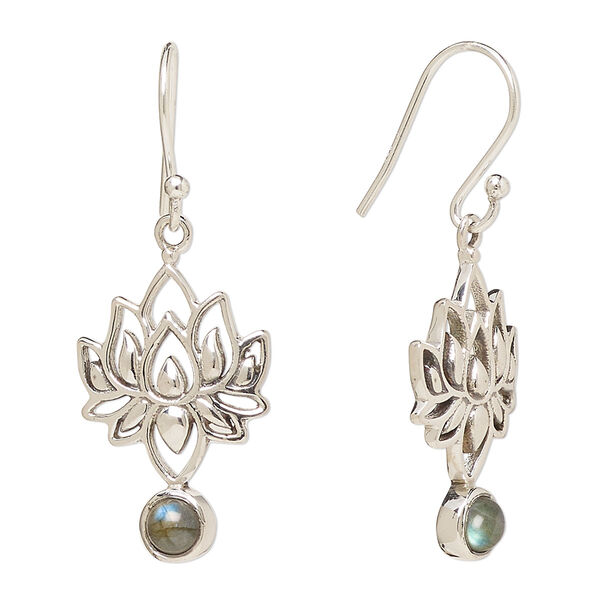 Ear wire, Create Compliments®, antiqued sterling silver and labradorite (natural), fishhook, 37.5mm with 22.5 x 14.5mm single-sided lotus, 21 gauge. Sold per pair. image number 0