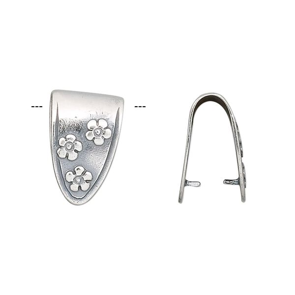 Bail, JBB Findings, fold over style, antiqued sterling silver, 16.5x10.5mm shield with flowers and 12mm grip length. Sold individually. image number 0