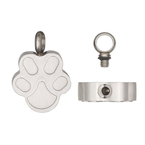 Pendant, stainless steel and silicone, black, 24x18mm single-sided paw print with watertight chamber. Sold individually. image number 0