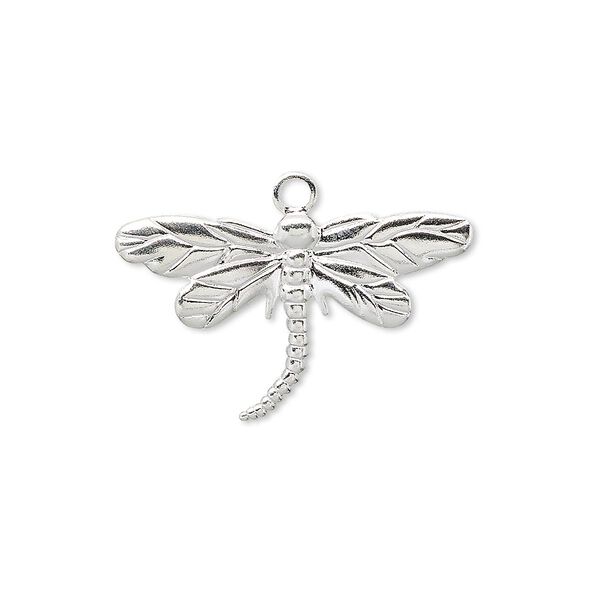 Charm, silver-plated brass, 26x15mm single-sided dragonfly. Sold per pkg of 10. image number 0