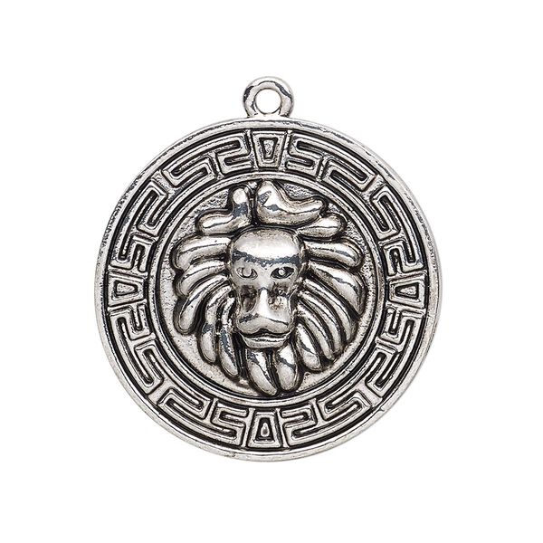 Focal, antique silver-finished "pewter" (zinc-based alloy), 30mm single-sided round with lion and geometric design. Sold per pkg of 2. image number 0