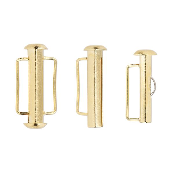 Clasp, slide lock, gold-plated brass, 21x6mm round tube. Sold per pkg of 4. image number 0